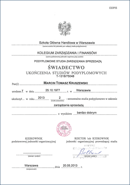 Świadectwo ukończenia studiów podyplomowych
